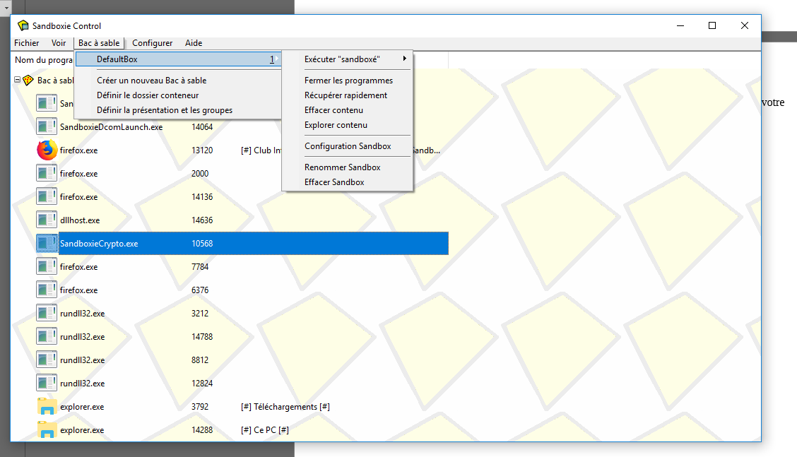 Fenêtre de contrôle de SandBoxie